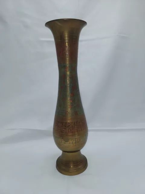 Solid Brass Vase 12 Inch Hand Engraved Floral Enameled Vintage Made In India