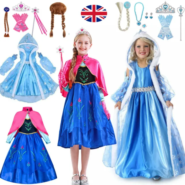 Girls Anna Elsa Princess Costume Kits Fancy Dress Party Cosplay Wig Glove Outfit