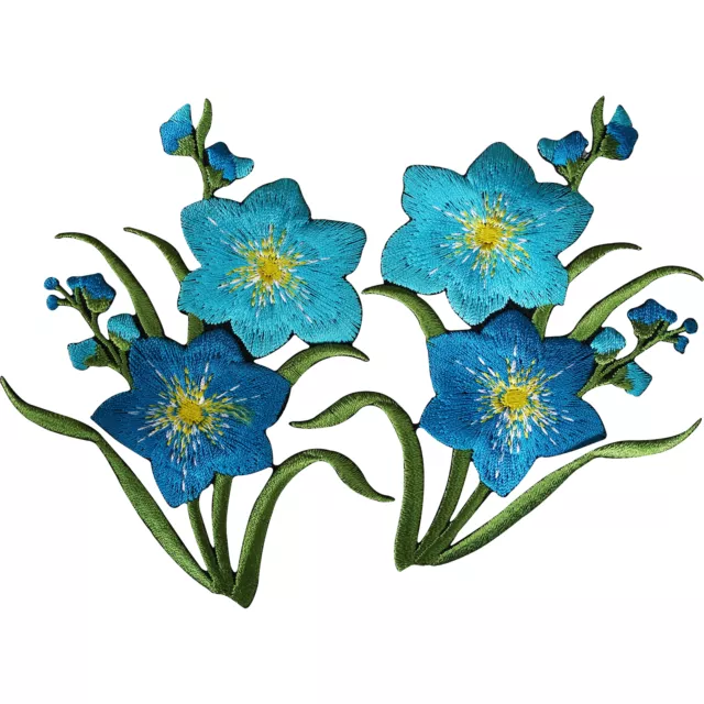 Pair of Blue Flower Patches Iron Sew On Flowers Embroidered Patch Badge Applique