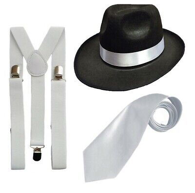 Accessoires déguisement gangster Ensemble noir ou blanc Chapeau en feutre Bretelles de gangster Cravate blanche Style Al Capone 