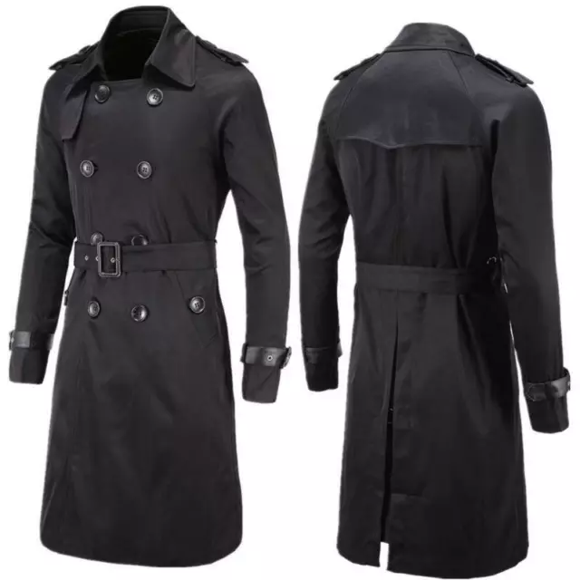 Mens Slim Double Breasted Long Trench Coat Trenchcoat Jacket Male Black Coat Hot