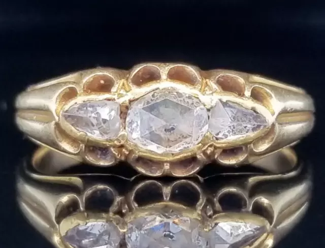 Georgian 18K Gold 3 STONE ROSE CUT DIAMOND RING Foil Back Size 6.75 Watch Video