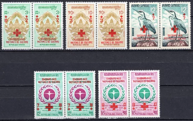 Cambodia 1972 compl. Red Cross ovpt set in pairs Michel #356-360 clean MNH OG