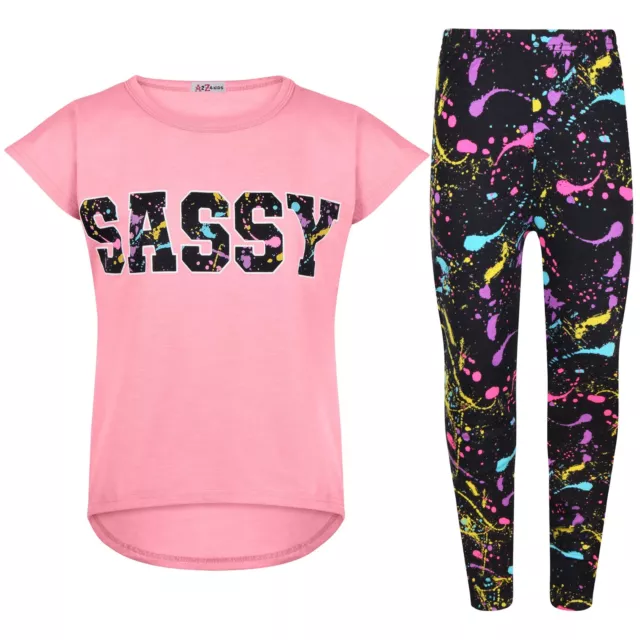 Kids Girls Top Short sleeves Baby Pink Sassy Splash T Shirt Legging Outfit Set