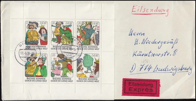 2281-2286 Märchen-Kleinbogen unten nicht durchgezähnt auf Eil-Bf. GOTHA 17.1.78