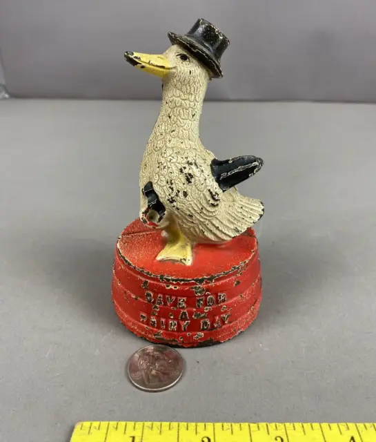 Antique Hubley“Save For A Rainy Day” Cast Iron Goose on Tub w/Top Hat Still Bank
