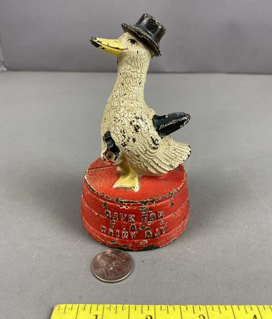 Antique Hubley“Save For A Rainy Day” Cast Iron Goose on Tub w/Top Hat Still Bank