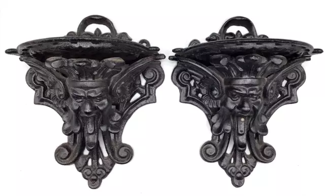 Pair of Vtg Cast Iron Oil lamp shelves - Figural Face North Wind  Hard to find