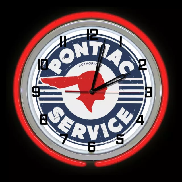 19" Pontiac Service Distressed Sign Double Red Neon Clock Man Cave Garage Chevy