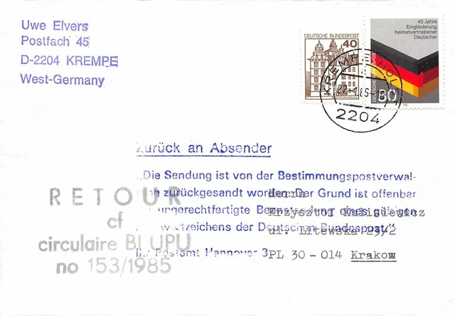 683467) Bund Postkriegbeleg mit Nr.1285 40 Jahre Eingliedrung Heimatvertriebene