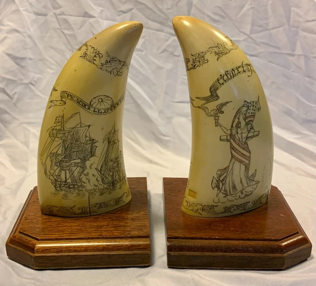Schrimshaw Replica Bookends Liberty & Peacock Le Epervere PMS Artek Whale tooth