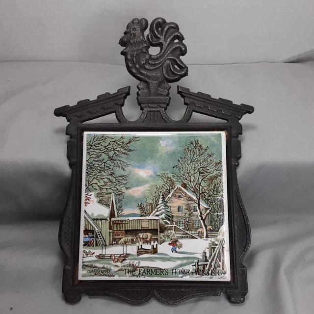 Marco de hierro fundido de azulejos de trivet vintage currier & ives con gallo escena de invierno