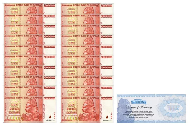 20 x Zimbabwe 50 Billion Dollar banknotes 2008/circulated bundle CoA  Authentic