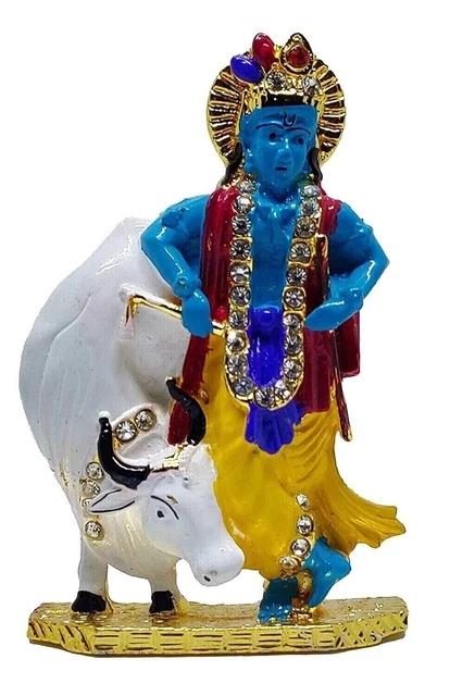 Lord Krishna Idol with Cow Metal Statue For Home Office Temple Decor