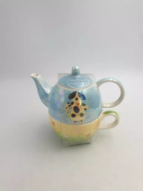 Maison thé céramique pour un ensemble tasse et théière peints à la main chat bleu irisé