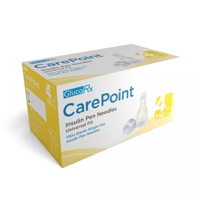 Agujas de bolígrafo Gluco/Rx Carepoint 4 mm 31G en una caja de 100 selladas vencimiento: 2027 una caja