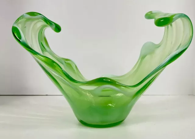 Vintage large  Green Stretched Hand Blown Art Glass Bowl