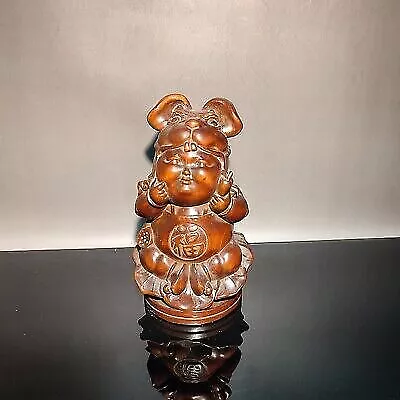 Chinese Natural Boxwood Rabbit Wealth Money Wooden Statue Decorative Sculpture