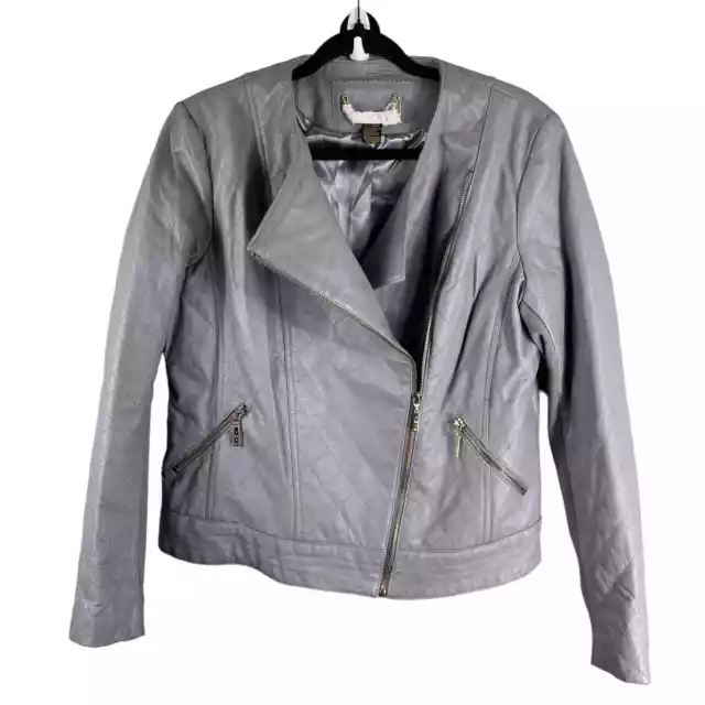 IMAN Women's Gray Genuine Leather Jacket Moto Biker Zip Up Coat Size Large