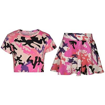 Kids Girls Tops & Skater Skirts Camouflage Baby Pink Fashion Summer Outfit Sets