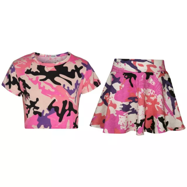 Kids Girls Tops & Skater Skirts Camouflage Baby Pink Fashion Summer Outfit Sets