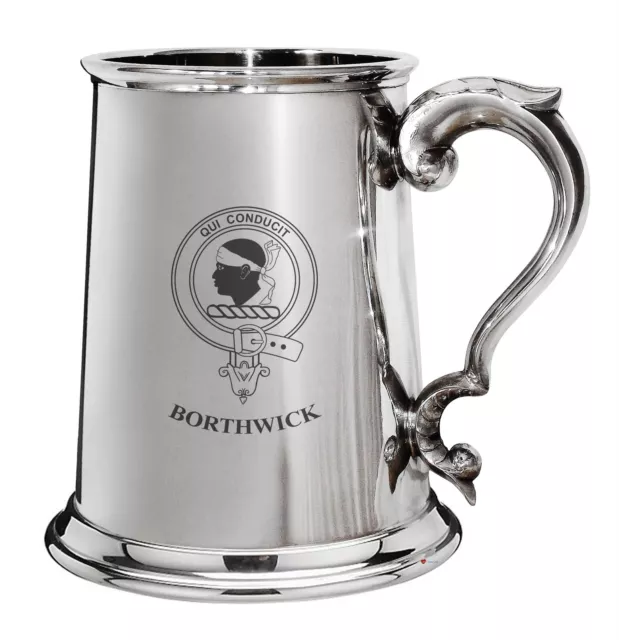 Borthwick Family Crest Polished Pewter 1 Pint Tankard with Scroll handle