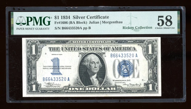 DBR 1934 $1 Silver Funnyback Fr. 1606 BA Block PMG 58 Serial B66433520A