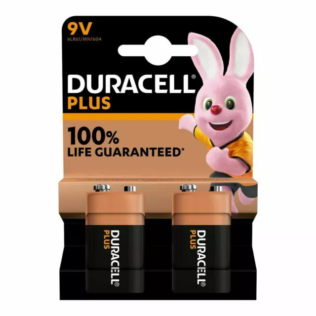 2 x Duracell 9V PP3 Plus Power Batteries, Smoke Alarms (LR22, MN1604, 6LR61)