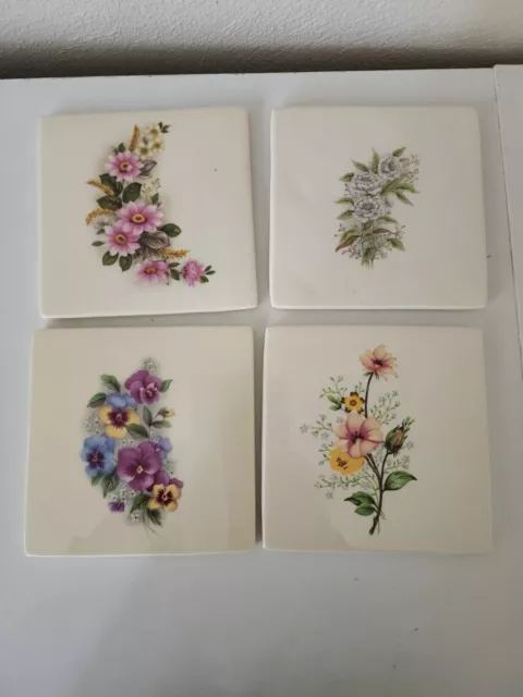 Vintage Floral Ceramic Tiles Coasters MCM Pansies Wildflower Lot of 4