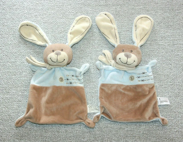 Nicotoy 2 Doudou Lapin Plat Bleu Beige Marron Echarpe Croix Etat Neuf