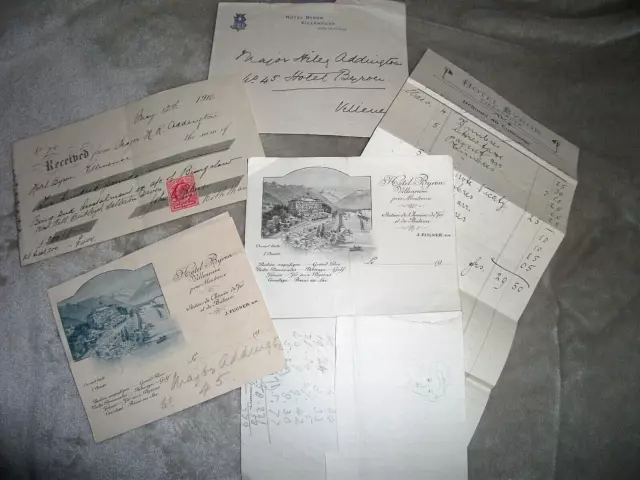 HOTEL BYRON. VILLENEUVE. 1910. SMALL BATCH OF PAPERS, LETTERHEADS etc. SEE PIC