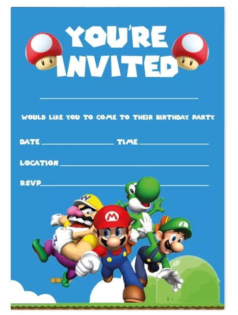 Super Mario Invitations Birthday Party Invites Children Kids Boys Girls