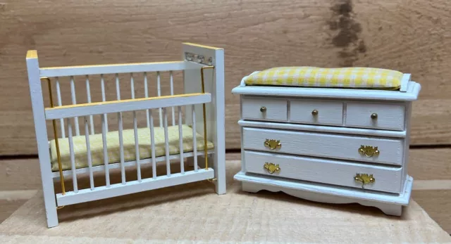 Miniature Dollhouse Crib Dresser Nursery Set For Baby Room (Yellow) 1:12 Scale