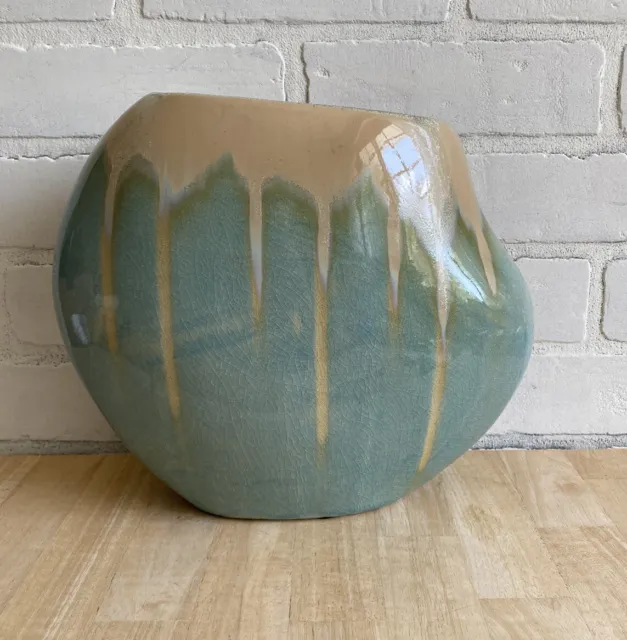 Vintage Mid Century Pottery Planter Vase Turquoise Beige Drip Glaze