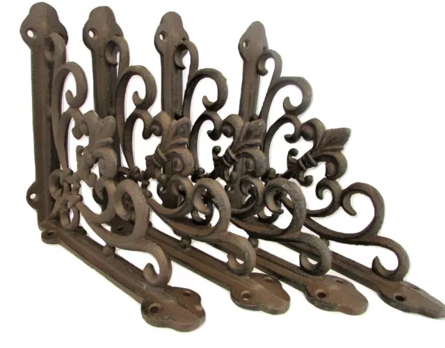 Set of 4 Cast Iron Shelf Brackets Antique Style Rustic Fleur De Lis 7.5" x 7.5"