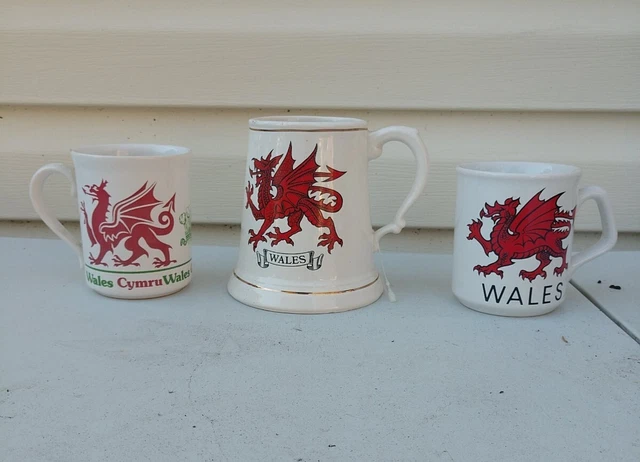 Vintage Lot Of 3 Wales Mugs & Stein with Dragon Made in England Marked