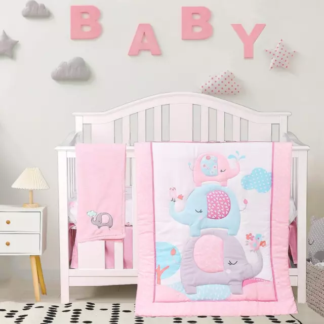 4Piece Soft Baby Girl Crib Bedding Set Pink Elephant Nursery Bedding Crib Set