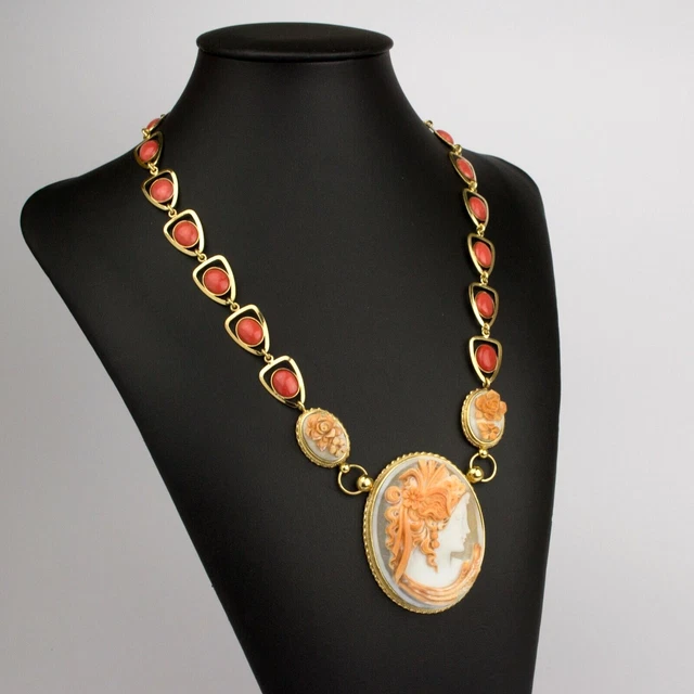 Collier En Argent 925 Doré Avec Camée Cornaline & Corail - Longueur 51 Cm - Pièce Unique Sans Marque