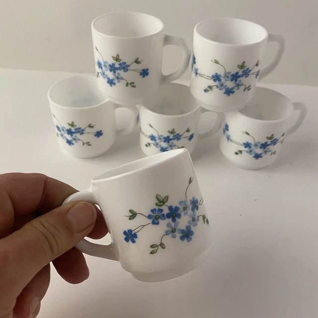 Lot De 6 Grandes Tasses à Café Arcopal France – Motif Myosotis – H 8 Cm
