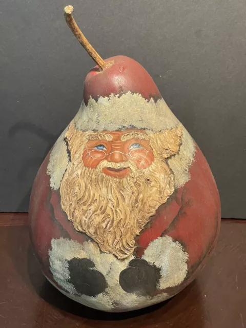 Large 11.5” Primitive Style Hand Painted Gourd Santa W/ Textured Beard