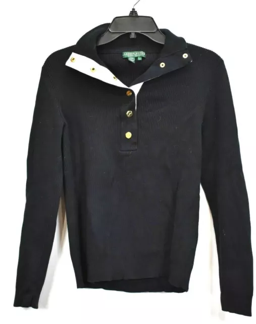 Lauren Ralph Lauren Womens Black 1/4 Button Ribbed Knit Pullover Sweatshirt L
