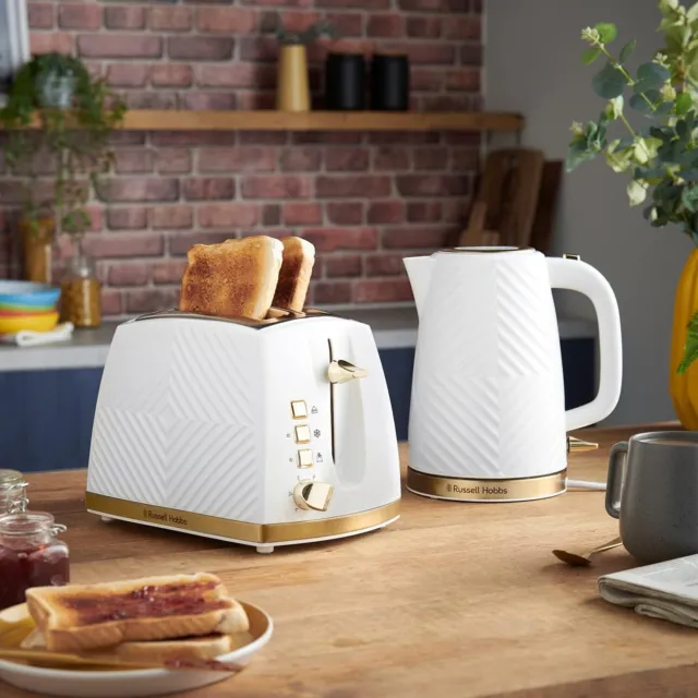 Russell Hobbs Groove Electric Kettle and 2 Slice Toaster Set - White & Gold