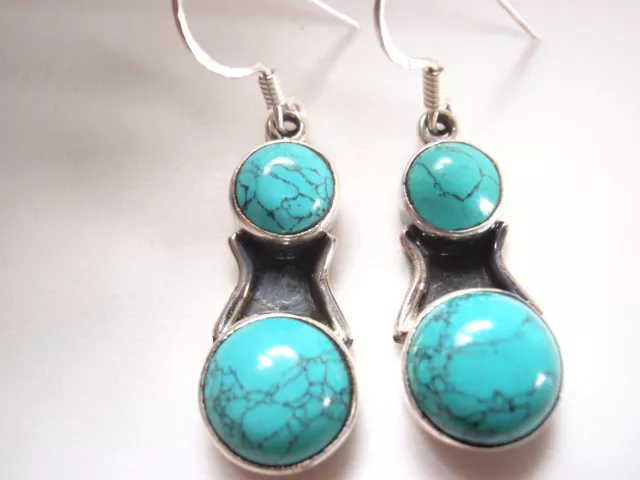 Medium Large Simulated Turquoise Double Gem 925 Sterling Silver Dangle Earrings