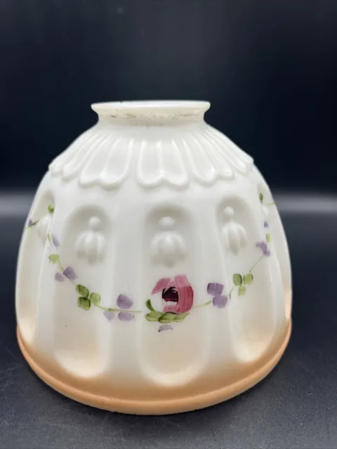 Vtg White Milk Glass Lamp Shade Handpainted Florals Peach Edge Embossed Satin