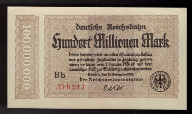 BERLIN 1923 Reichsbahn 100 Million Mark Pic# S1017 Railroad Inflation Germany