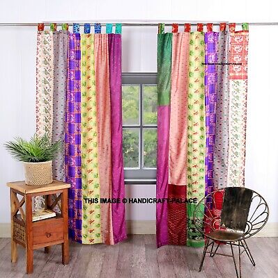 2 Pcs Indian Sari Patchwork Curtain Drape Window Decor Patola Silk Sari Curtain