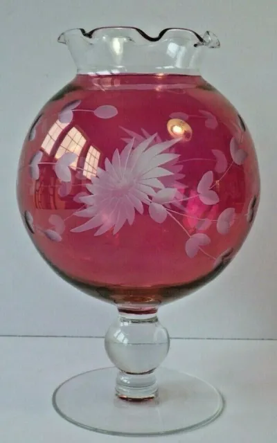 VTG Clear Red Etched Glass Pedestal Vase Goblet Scalloped Rim 7.5"  Floral Motif