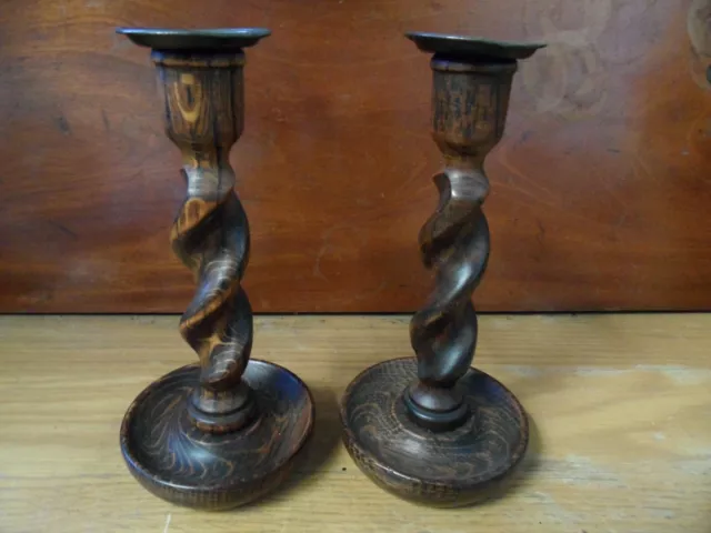 Vintage Oak/Ash Barley Twist Candlesticks w/Brass Drip Trays & Turned Base