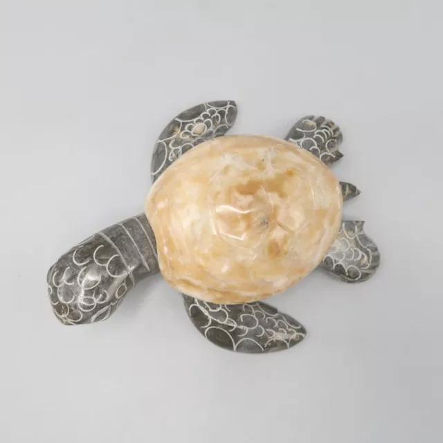 Hand Carved Sea Turtle Marble Stone Art 4" X 3" Figurine Gray Beige Paperweight 2
