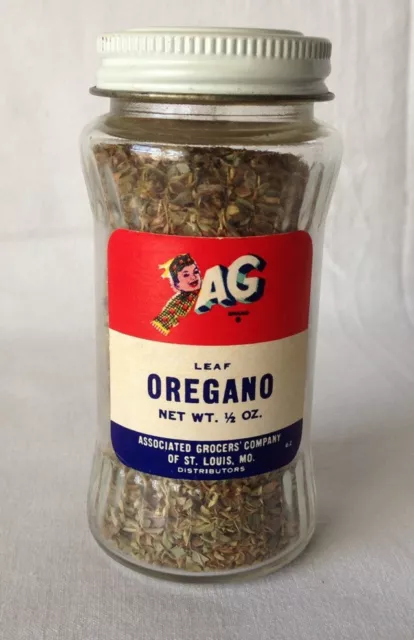 Vintage AG Oregano Advertising Spice Jar w/Shaker & Metal Lid Paper Label